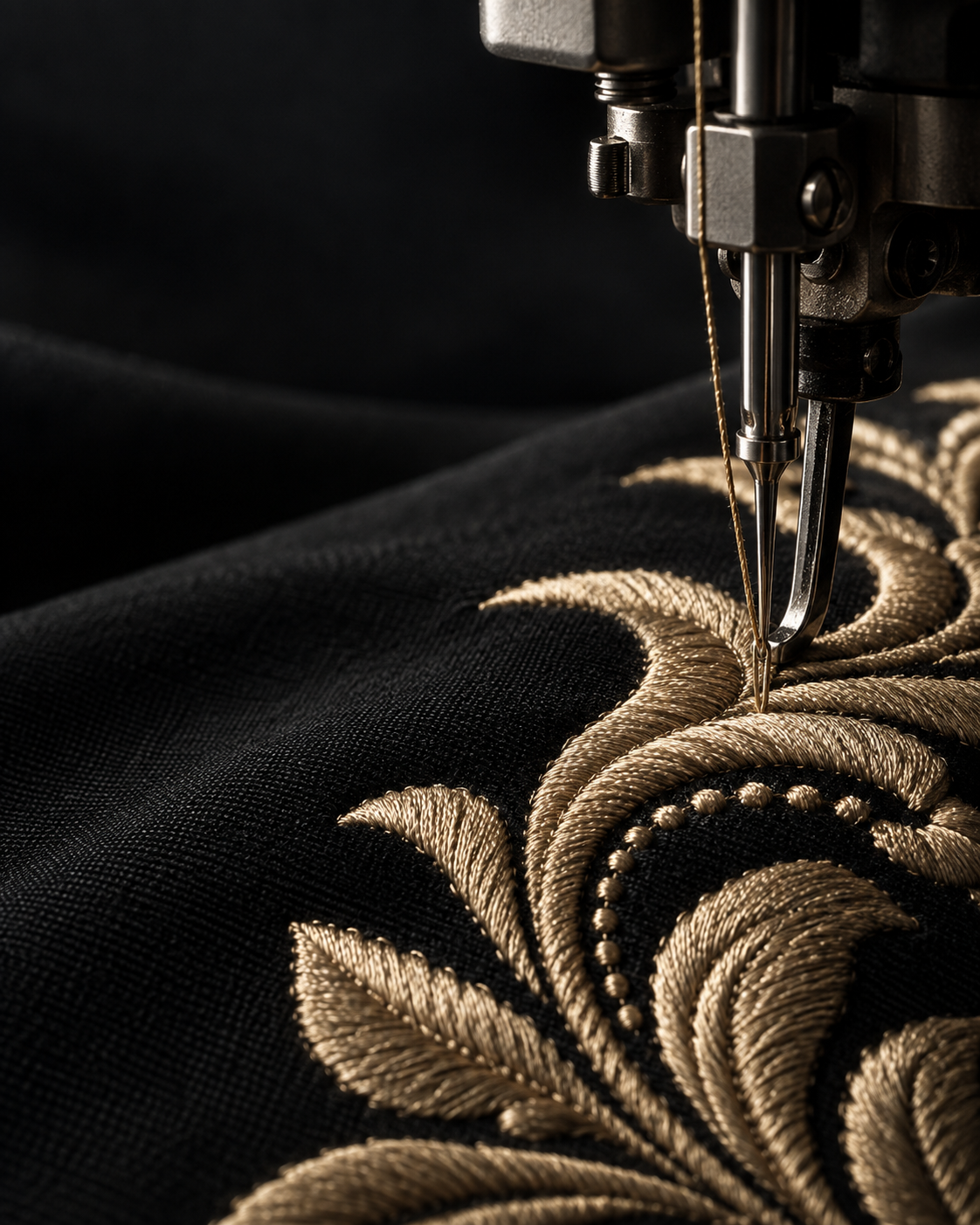 Close-up of champagne-gold embroidery on black fabric